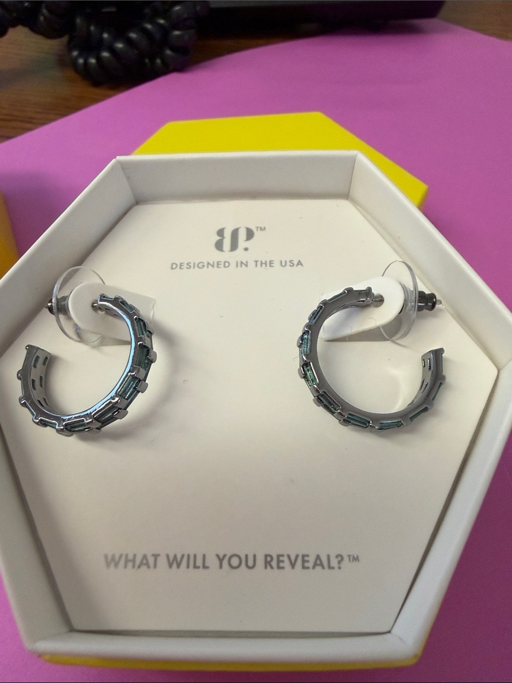 Bomb Party Silver Hoop Earrings with Teal Accent Stones — Designer Look